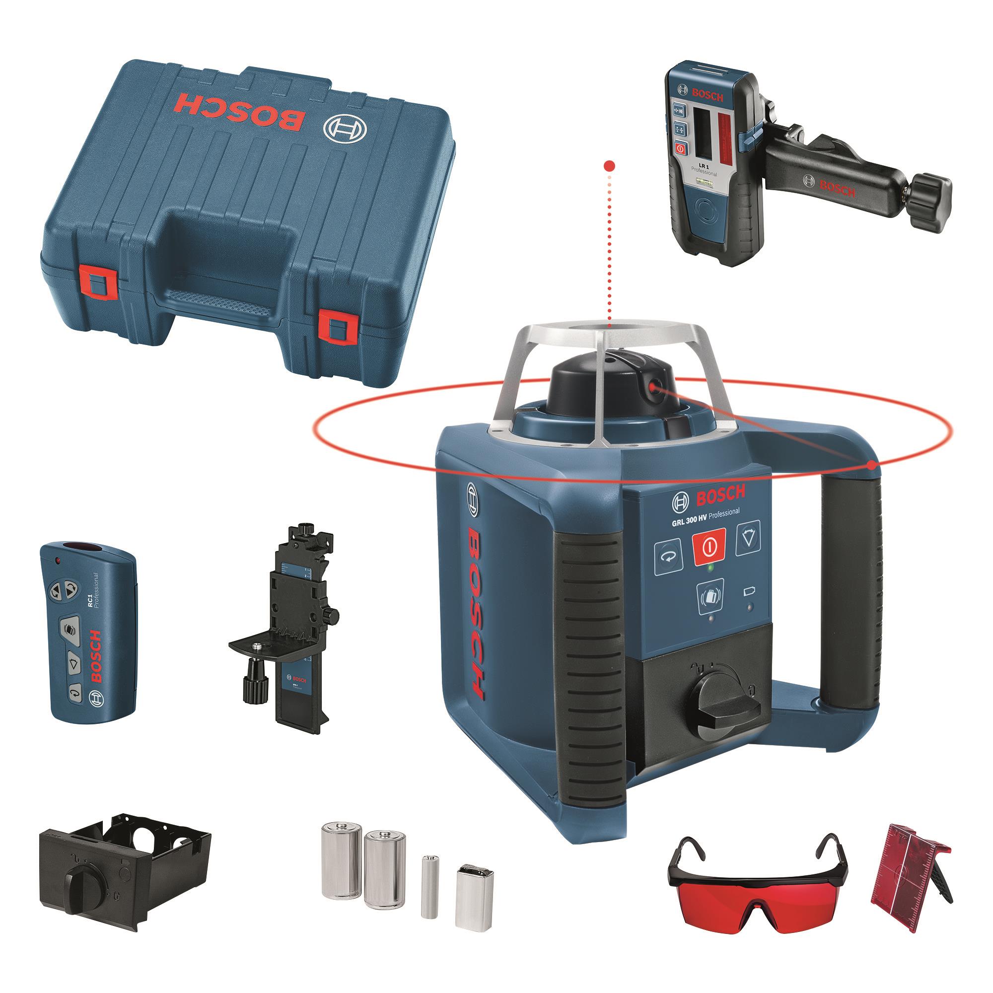 Нівелір лазерний ротаційний Bosch Professional GRL 300 HV 60м/з до 300м ±0.1мм/м червоний промінь 150/300/600об/хв кейс приймач LR1 пульт RC1 тримач WM4 ЗП окуляри мішень IP54 1.8кг