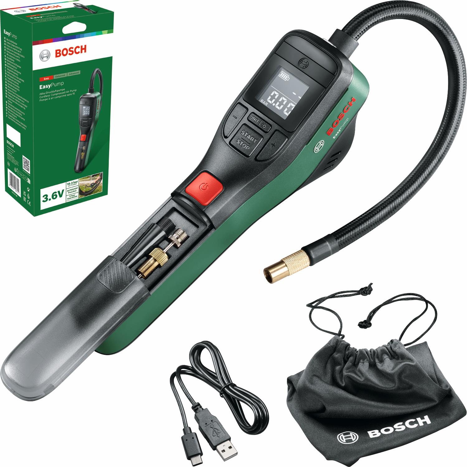 Компресор автомобільний акумуляторний Bosch EasyPump, 3.6 В, 3А·год, 10.3 бар, 10 л/хв, 0.4кг