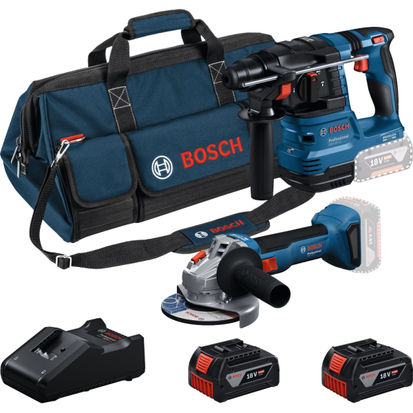 Набір із двох акумуляторних інструментів Bosch Professional 18В перфоратор GBH 18V-22, Шліфмашина кутова GWS 18V-8 акб 2x4А·год, ЗП, сумка M-BAG