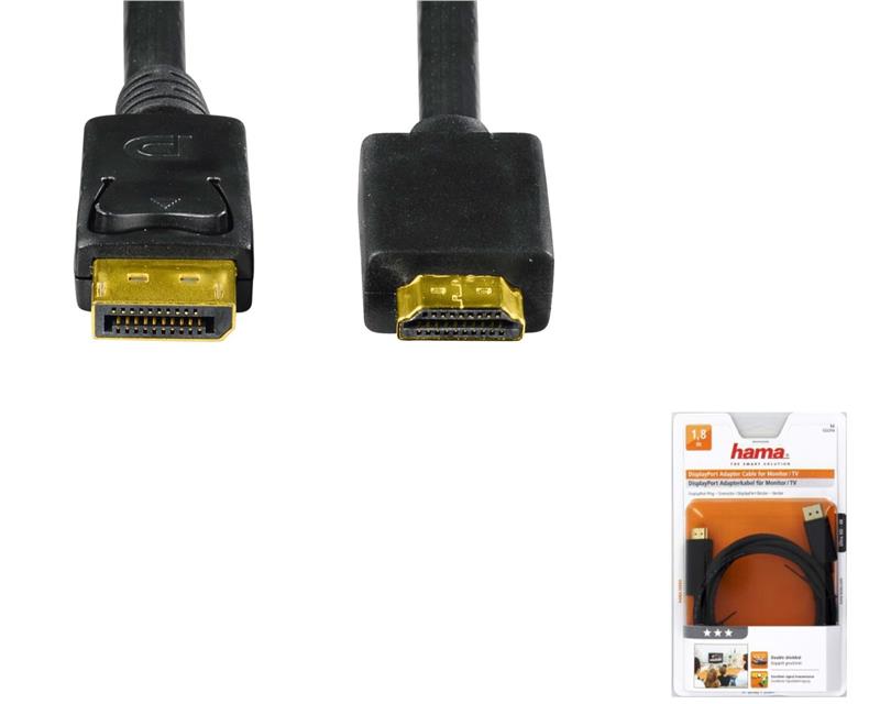 Кабель адаптер НАМА DisplayPort M - HDMI AM, Premium, Ultra HD, длина 1.8 м, black