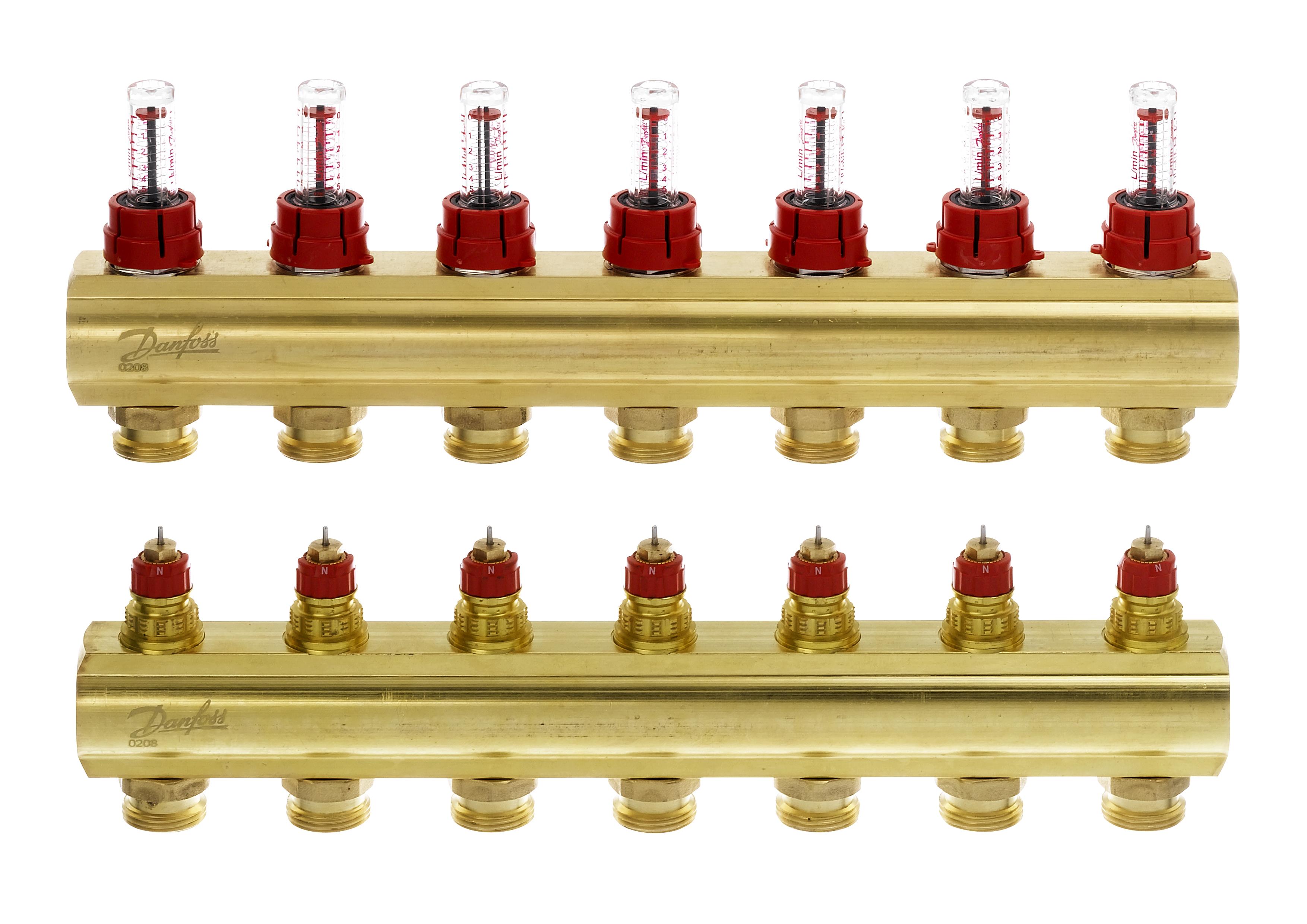 Розподільний колектор Danfoss FHF-F, 7+7 контурів, з ротаметрами, латунь