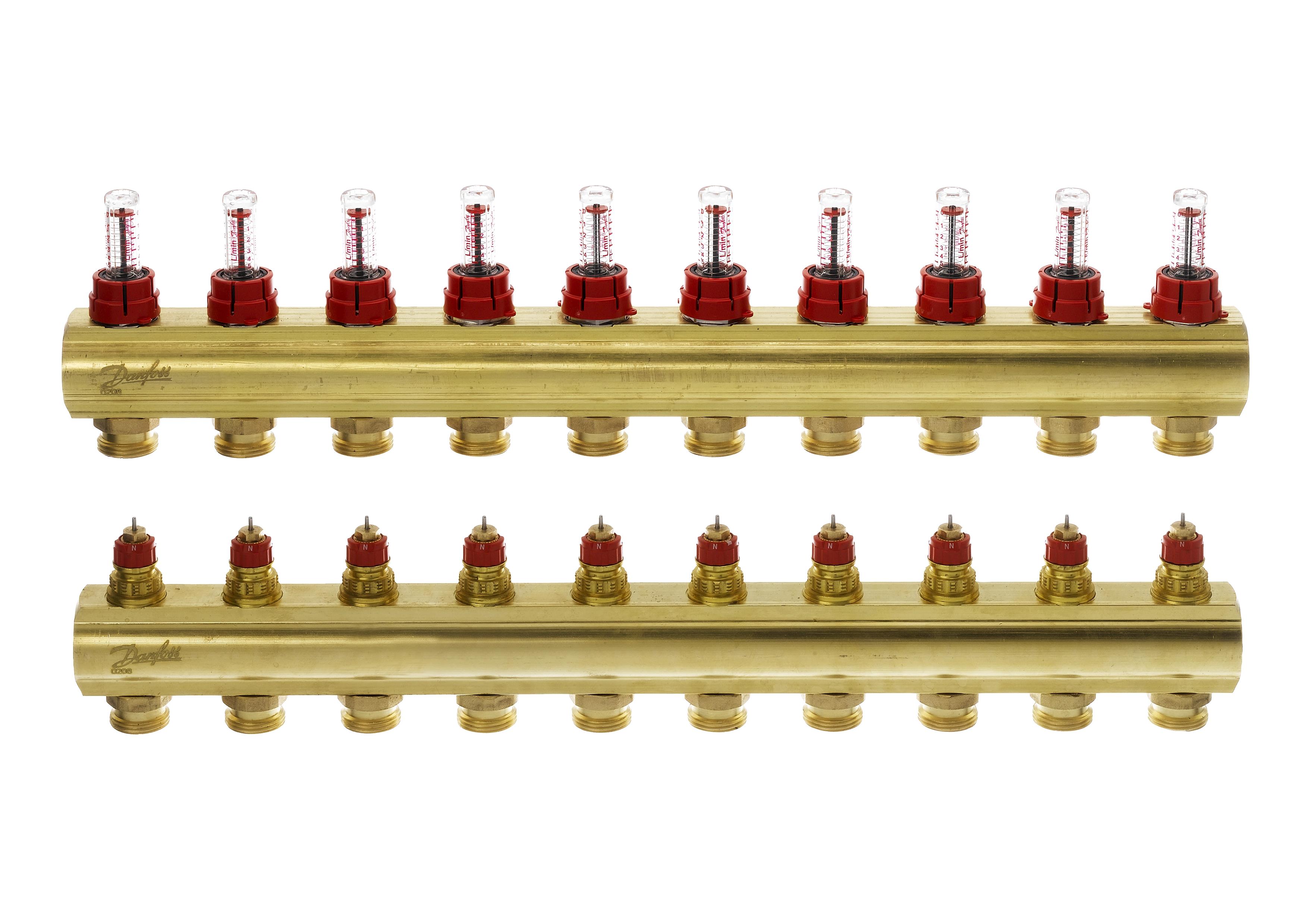 Розподільний колектор Danfoss FHF-F, 10+10 контурів, з ротаметрами, латунь