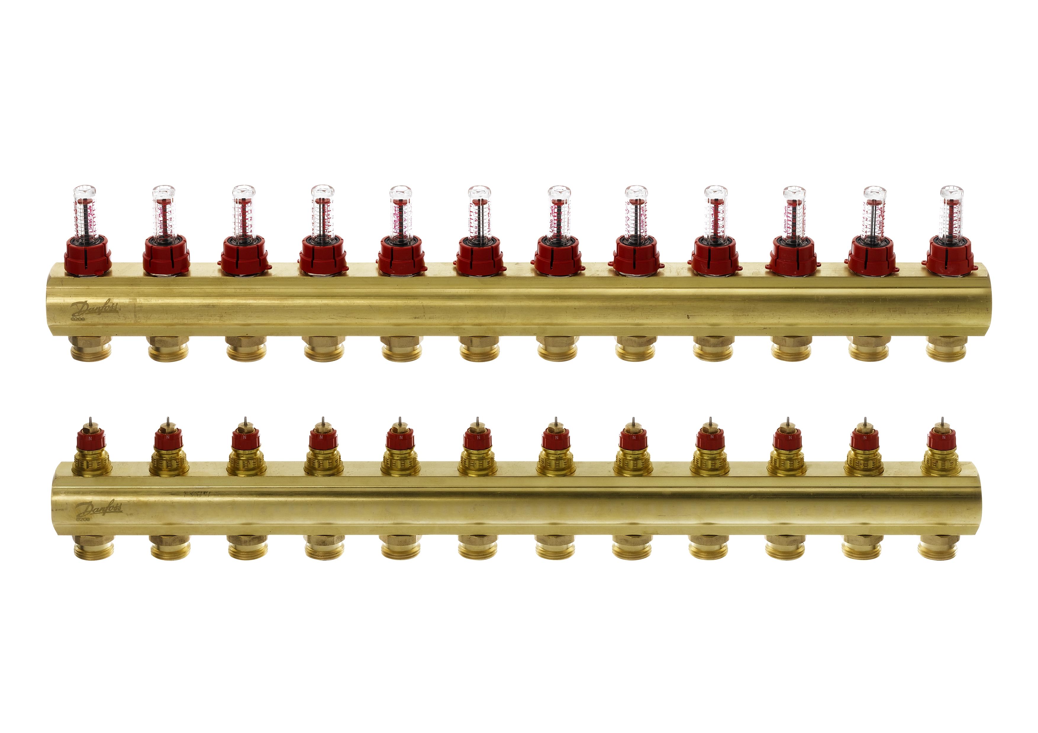 Розподільний колектор Danfoss FHF-F, 12+12 контурів, з ротаметрами, латунь