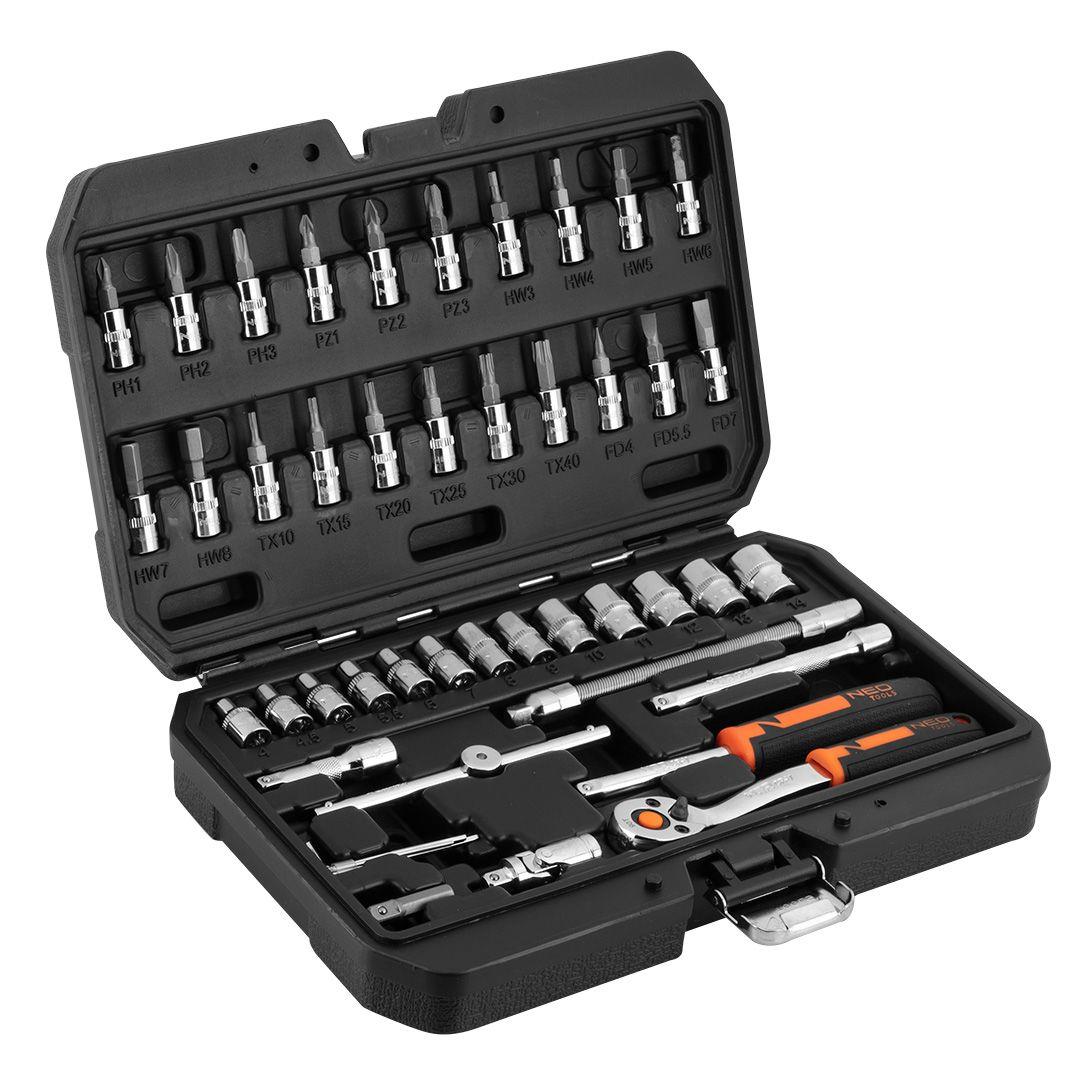 Набір інструментів Neo Tools, набір торцевих головок, 1/4", CrV, кейс, 46шт