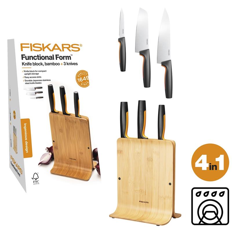 Набор ножей Fiskars FF с бамбуковой подставкой, 3 шт