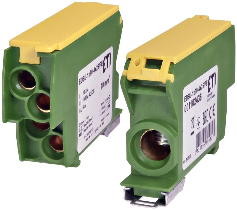 Блок розподільчий ETI, EDBJ-1x70-4x25/PE (192A, 1000V AC/1500V DC, IN: 1x70, OUT: 4x25, жовт.-зел.)