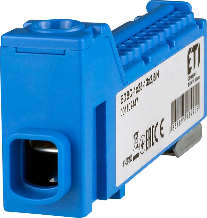Блок розподільчий ETI, EDBC-1x25-13x2,5/N (63A, 1000V AC/1500V DC, IN: 1x25, OUT: 13x2,5; синій)