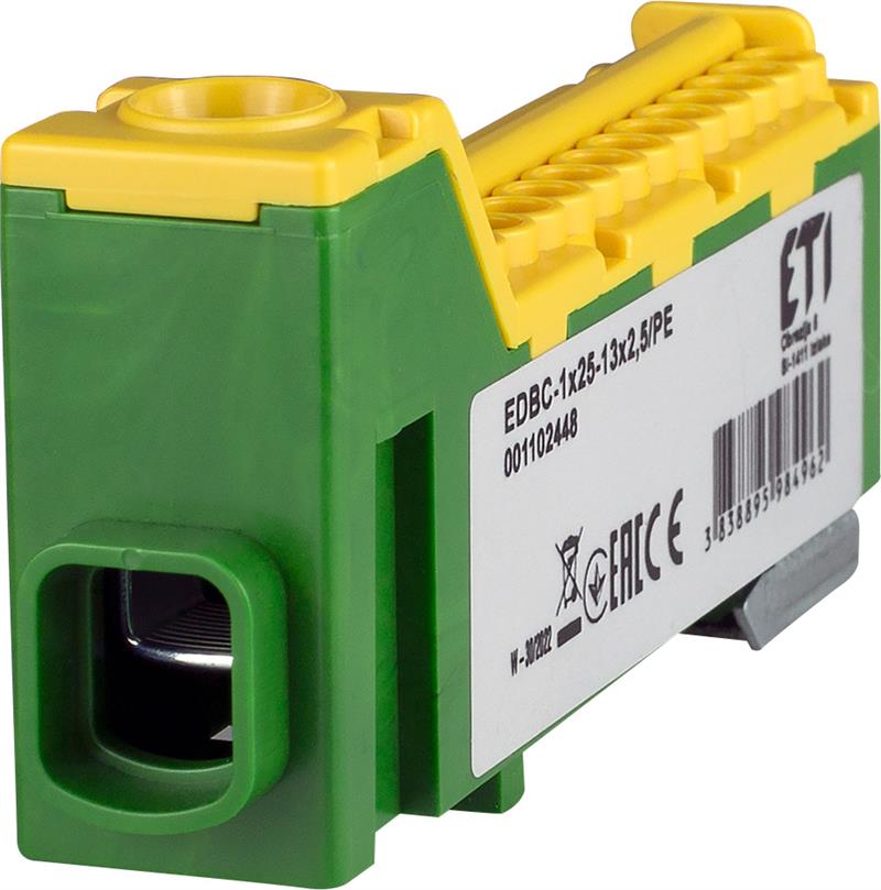Блок розподільчий ETI, EDBC-1x25-13x2,5/PE (63A, 1000V AC/1500V DC, IN: 1x25, OUT: 13x2,5; жовто-зелена)