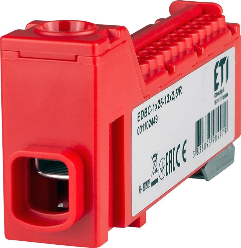 Блок розподільчий ETI, EDBC-1x25-13x2,5/R (63A, 1000V AC/1500V DC, IN: 1x25, OUT: 13x2,5; червоний)