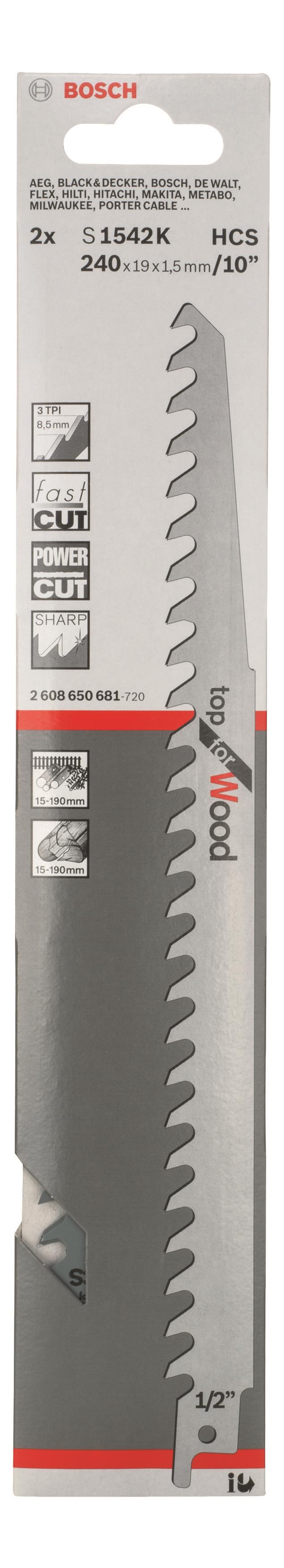 Полотно пиляльне для шабельної пилки Bosch Professional по дереву, S 1542 K, 3TPI, 2шт