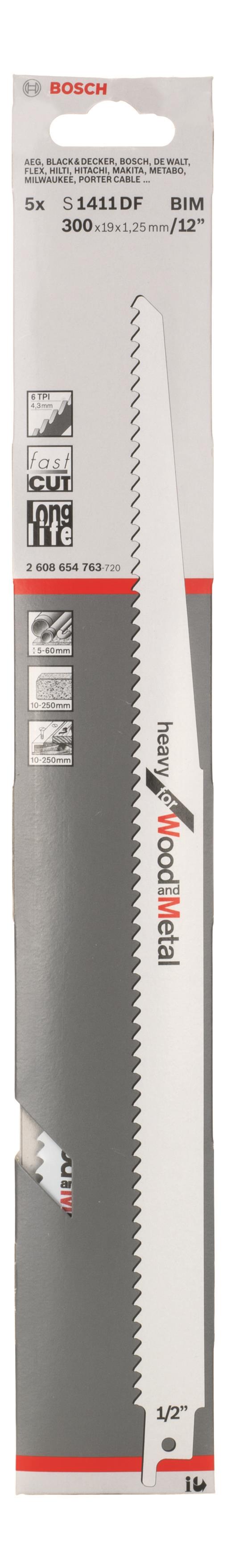 Полотно пиляльне для шабельної пилки Bosch Professional по дереву та металу, S 1411 DF, 6TPI, 5шт