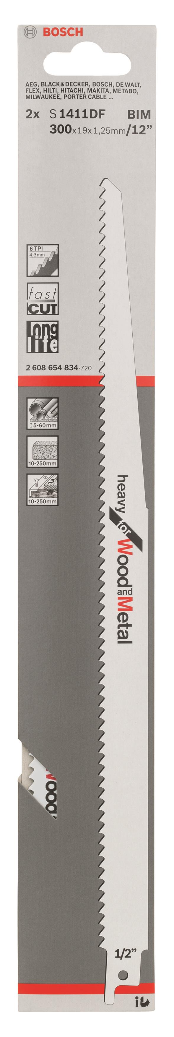 Полотно пиляльне для шабельної пилки Bosch Professional по дереву та металу, S 1411 DF, 6TPI, 2шт