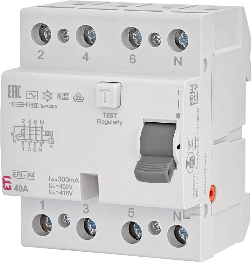 Реле диференційне ETI, (ПЗВ) 4р EFI-P4 40/0,3 тип AC (10kA)