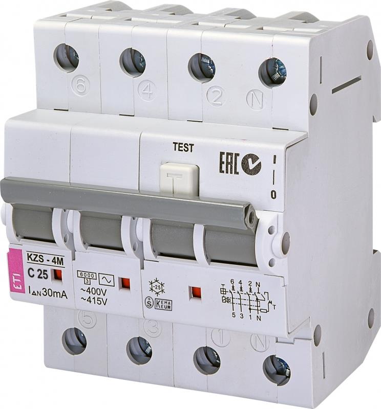 Диференційний автоматичний вимикач ETI, KZS-4M 3p+N C 25/0,03 тип AC (6kA)