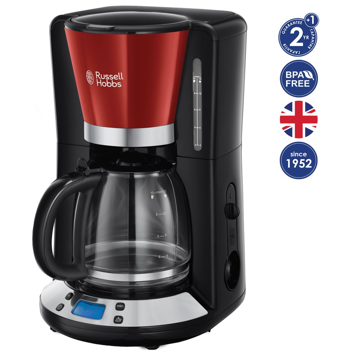 Кофеварка Russell Hobbs 24031-56 Colours Plus+, 1100 Вт, LCD-дисплей, Таймер на 24 часа, Красный