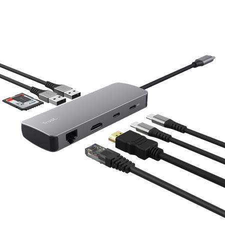 Адаптер Trust Dalyx 8in1 USB-C> 1xUSB-А 3.2/USB-A 2.0/2xUSB-С/HDMI/Ehernet/SD/microSD, Алюміній, 0.15м, Сірий
