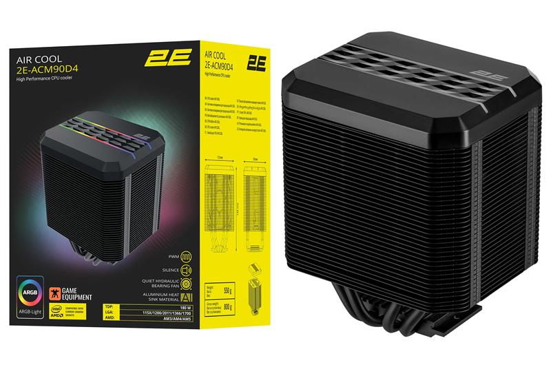 Процесорний кулер 2E GAMING Air Cool ACM90D4 ARGB, LGA1700, 2011, 1366, 1200, 115x, AM5, AM4, AM3, 4pin PWM, TDP 180W