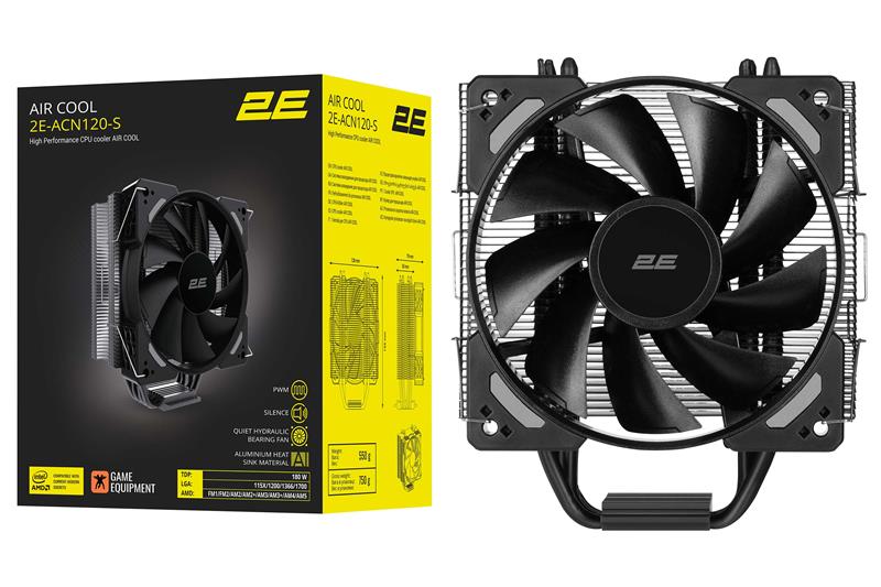 Процесорний кулер 2E GAMING Air Cool ACN120-S, LGA1851, 1700, 1366, 1200, 115x, AM5, AM4, AM3, AM3+, AM2, AM2+, FM2, FM1, 4pin PWM, TDP 180W