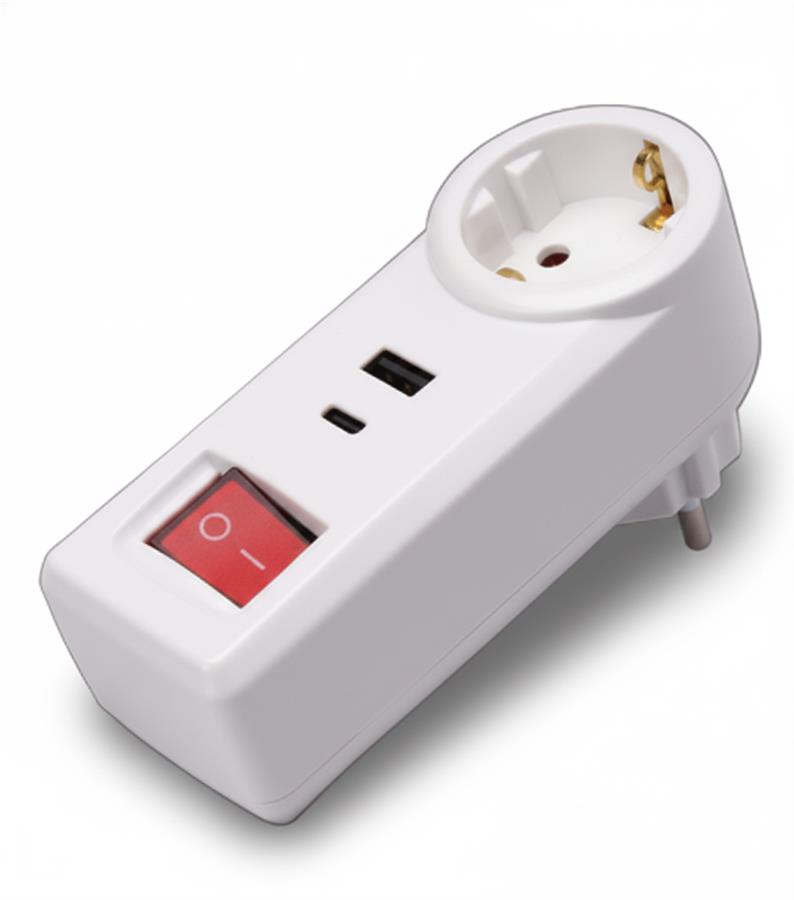 Адаптер мережевий 2E 1xТипF, 16A, 1xUSB-A, 1xUSB-C, білий