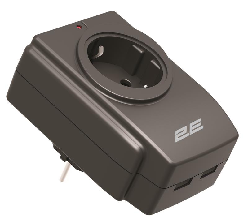 Адаптер мережевий 2E 1xТипF, 16A, 2*USB-A, фільтр, чорний