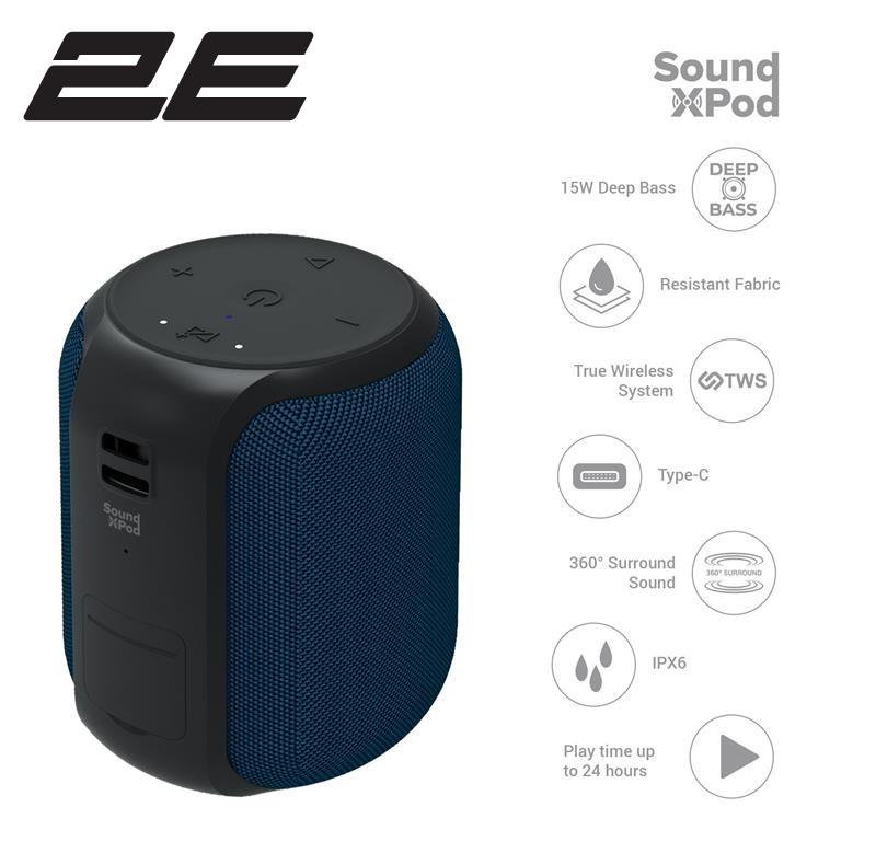 Портативна акустична система 2E SoundXPod 15Вт, BT 5.3, TWS, IPX6, Синій