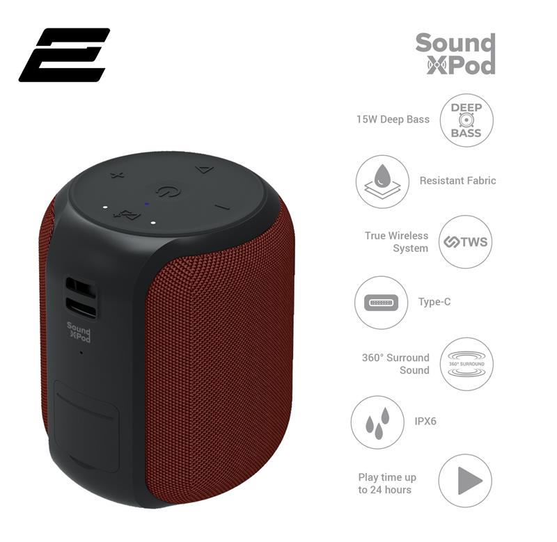 Портативна акустична система 2E SoundXPod 15Вт, BT 5.0, TWS, IPX6, Червоний