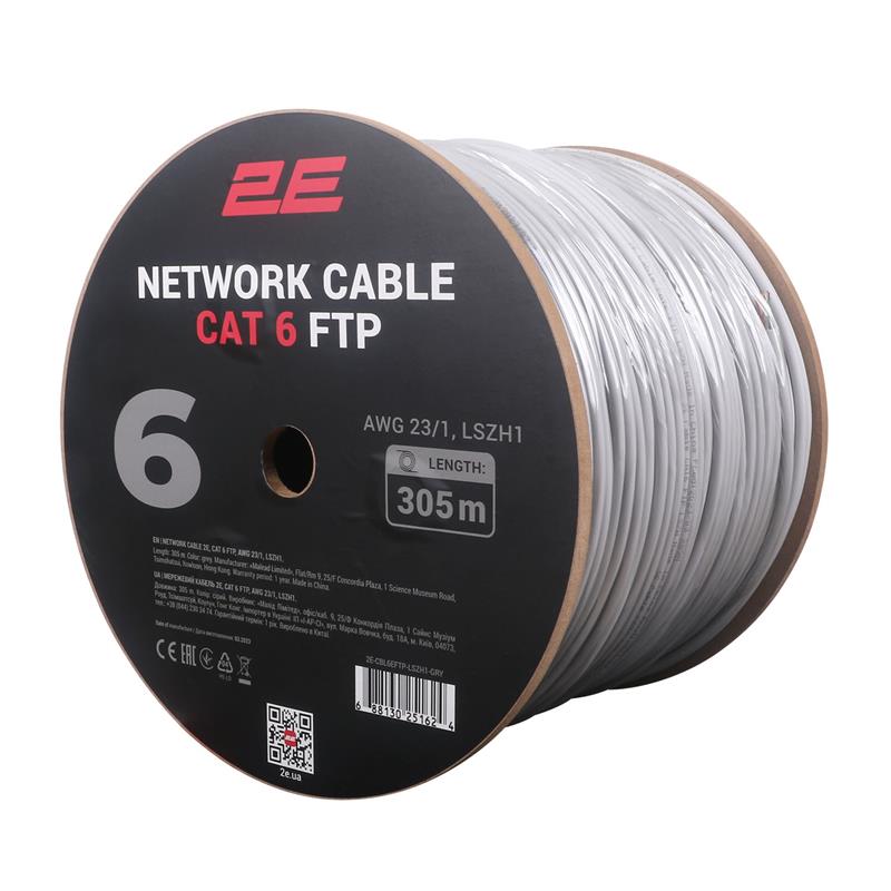 Кабель "вита пара" 2E CAT 6, FTP, 305м, AWG 23/1, LSZH-1, сірий