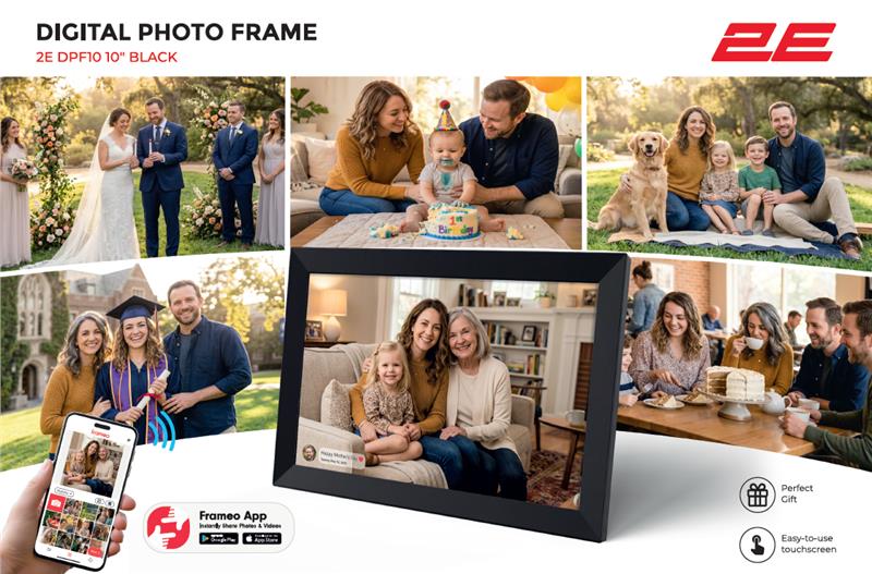 Цифрова фоторамка 2E DPF10 10", IPS, FHD, 1GB, 32GB, динаміки 2x1Вт, ПЗ Frameo, сенсорний екран, чорний