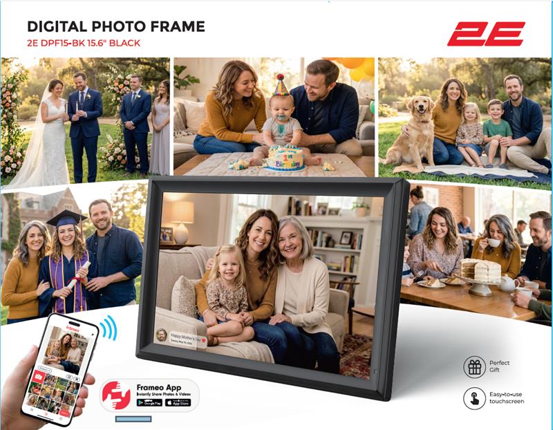 Цифрова фоторамка 2E DPF15-BK 15.6", IPS, FHD, 1GB, 32GB, динаміки 2x2Вт, ПЗ Frameo, сенсорний екран, WiFi, чорна