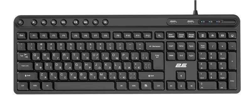 Клавіатура мембранна 2E KS1100 104key, 2xUSB HUB, USB-A, EN/UK, чорний