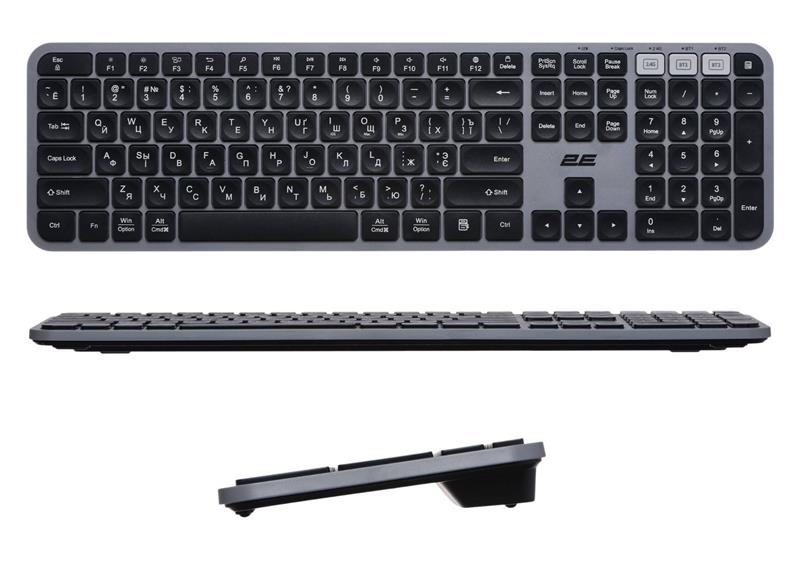 Клавіатура мембранна 2E KS240 110key, WL/BT, EN/UK/RU, сіро-чорний