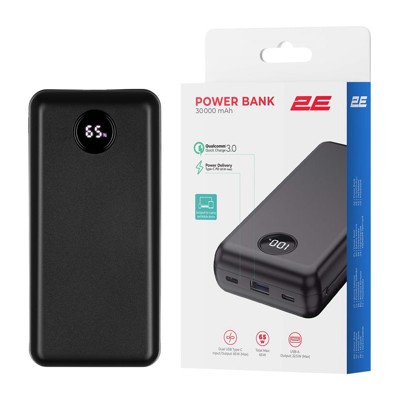 Акумулятор портативний літій-іонний Power Bank 2E 30000мА·год, 65Вт, PD, QC, чорний