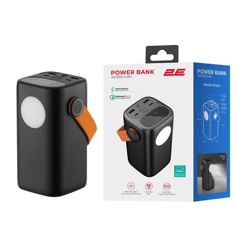 Акумулятор портативний літій-іонний Power Bank 2E 40000мА·год, 65Вт, PD, QC, чорний