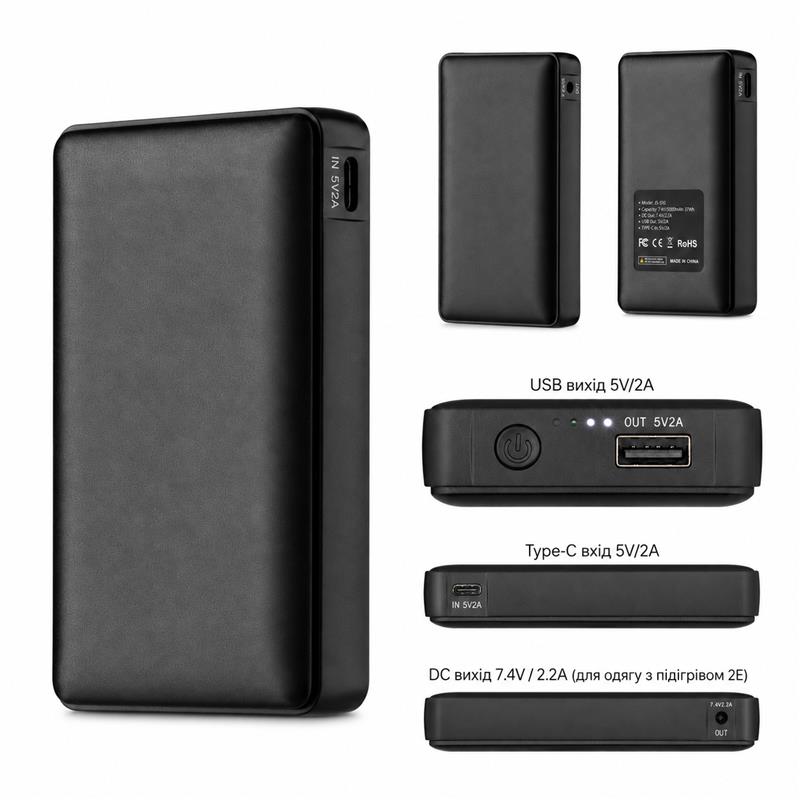 Акумулятор портативний літій-іонний Power Bank 2E 5000 мА·г, USB-A 10W, 7.4В 2.2A для одягу з підігрівом 2E, in USB-C 10W, чорний