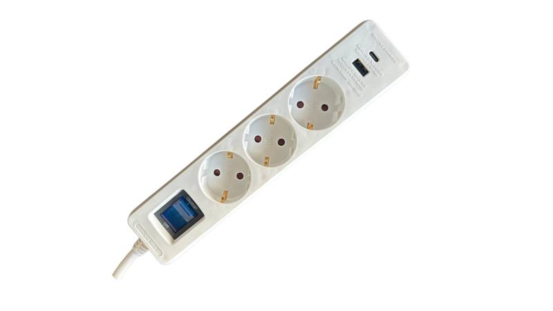 Подовжувач мережевий 2E 3м, 3xТипF, 16A, 1xUSB-A,1xUSB-C, фільтр, білий