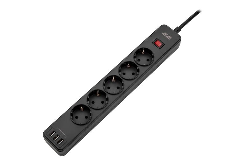 Подовжувач мережевий 2E 2м, 5xТипF, 16A, 3xUSB-A, фільтр, чорний