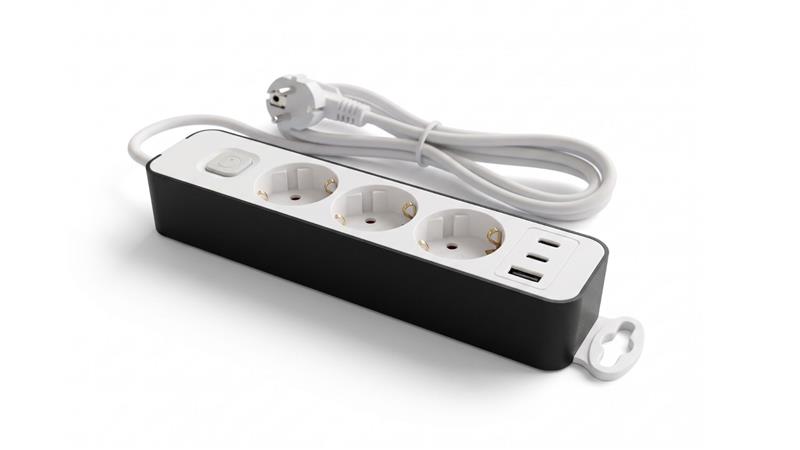 Подовжувач мережевий 2E TwoColors 3м, 3xТипF, 16A, 2xUSB-C, 1x USB-A, біло-чорний