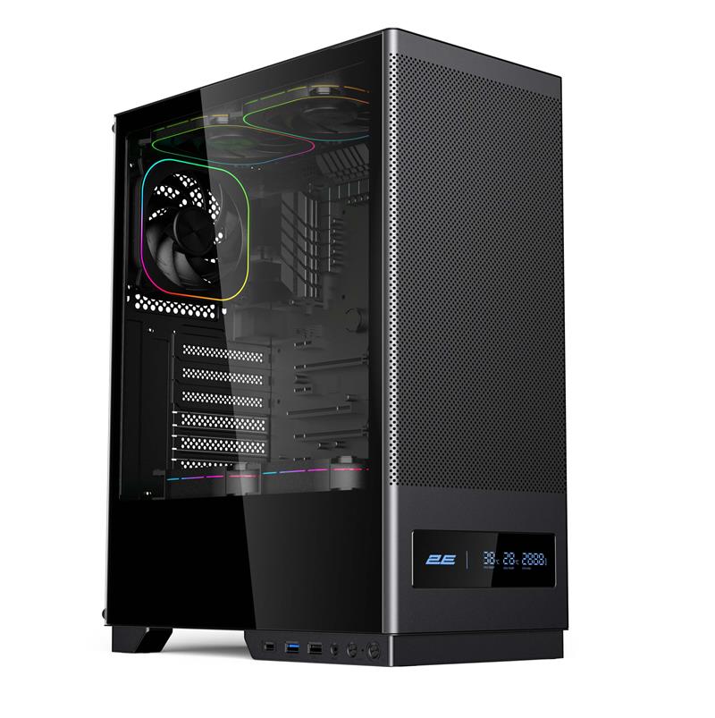 Корпус 2E GAMING Iconic DS V8202B без БЖ, 1xUSB3.0, 1х USB 2.0, 1xUSB Type-C, 3x120мм ARGB, VGA 330мм, LCS ready, контролер з пультом, дисплей, TG Side Panel, ATX, чорний