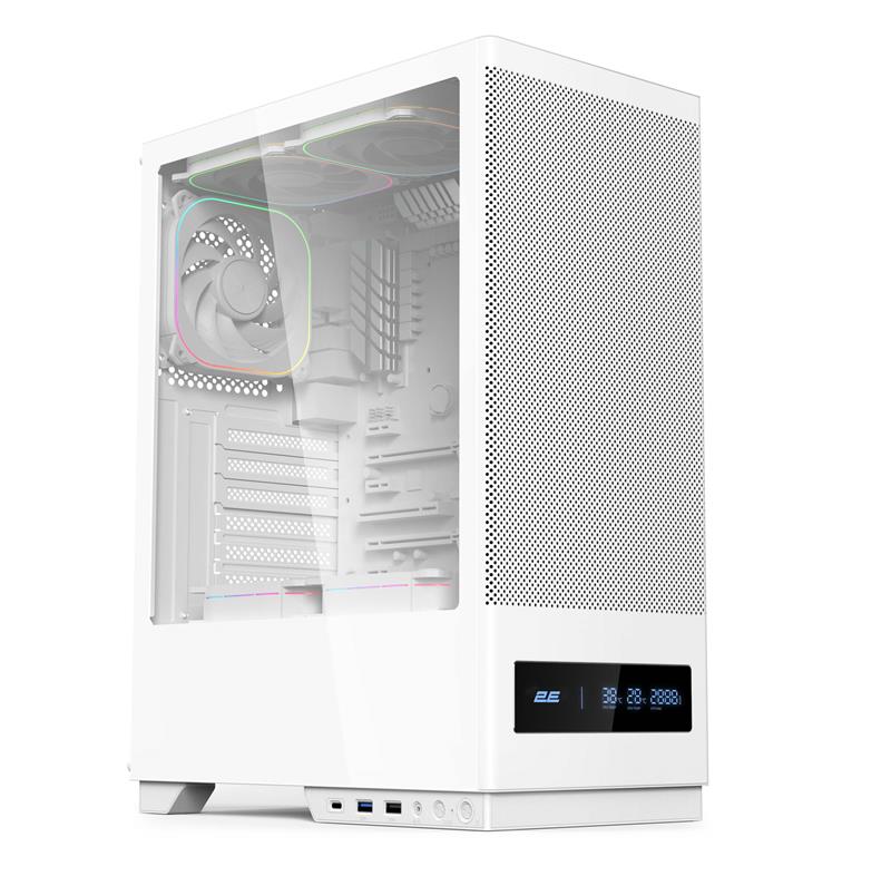 Корпус 2E GAMING Iconic DS V8202W без БЖ, 1xUSB3.0, 1х USB 2.0, 1xUSB Type-C, 3x120мм ARGB, VGA 330мм, LCS ready, контролер з пультом, дисплей, TG Side Panel, ATX, білий