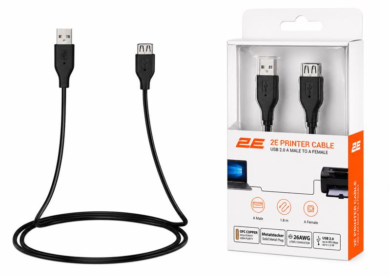 Кабель 2E USB-A > USB-AF заряджання/синхронізації 1.8м, чорний