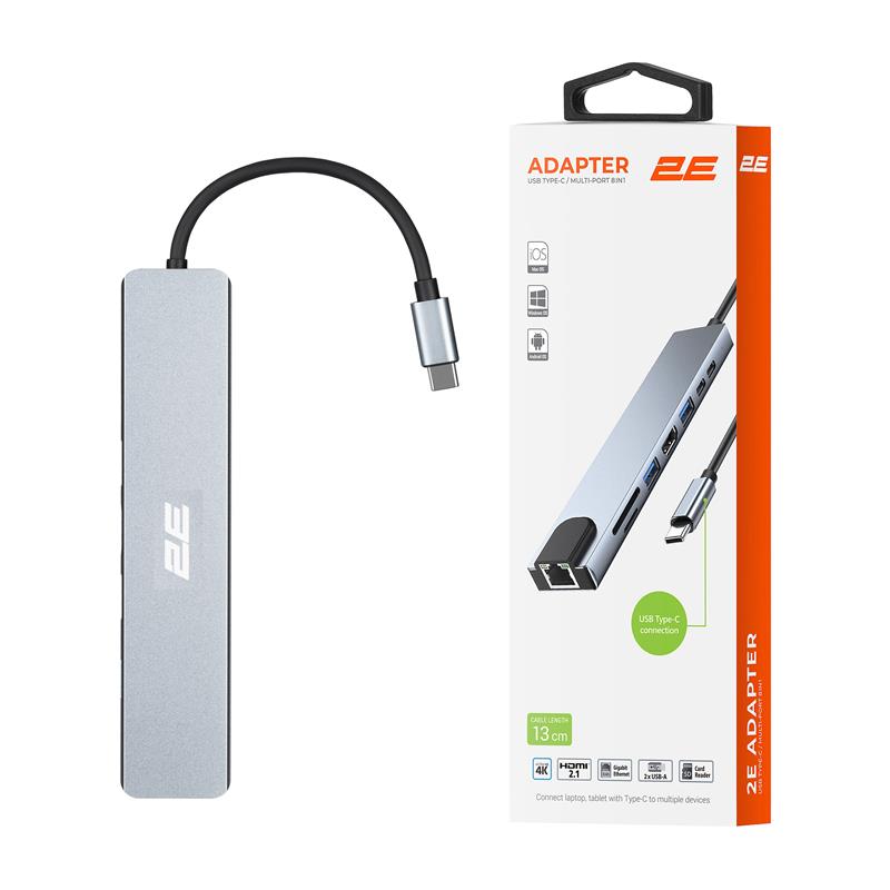 Хаб 2E USB-С > USB-A 2.0/USB-A 3.0/2xUSB-C PD/HDMI/microSD/SD/Ethernet, 0.13м, сірий