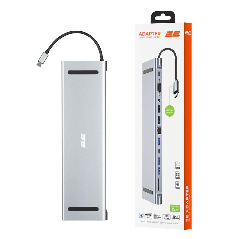 Хаб 2E USB-С > USB-A 2.0/2xUSB-A 3.0/2xUSB-C PD/2xHDMI/VGA/jack3.5/microSD/SD/Ethernet, 0.15м, сірий
