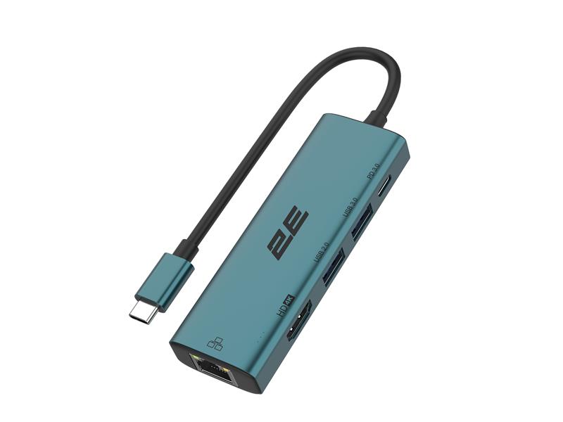 Хаб 2E USB-С > 2xUSB-A/USB-C PD/HDMI/Ethernet, 0.15м, Pine Green