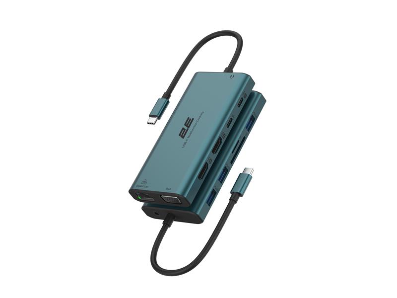 Хаб 2E USB-С > 3xUSB-A/2xUSB-C PD/2хHDMI/VGA/jack3.5/microSD/SD/Ethernet, 0.15м, Pine Green