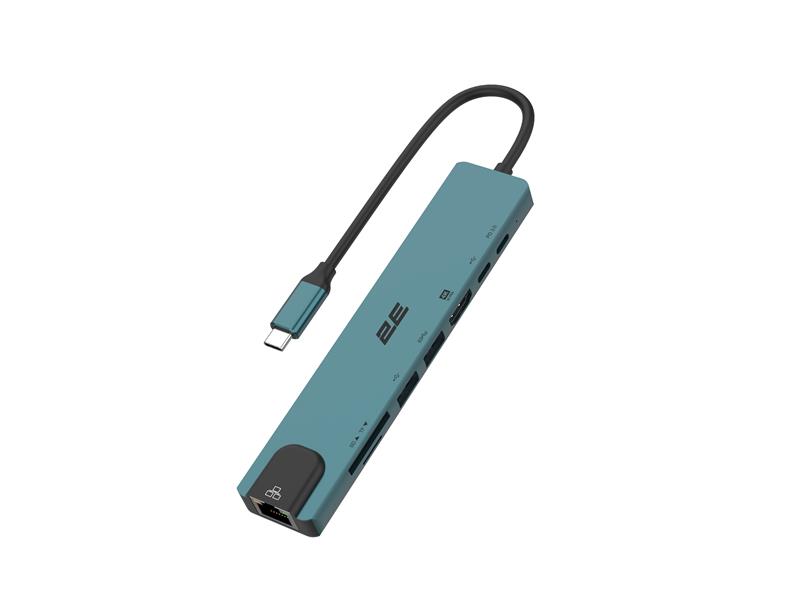 Хаб 2E USB-С > 2xUSB-A/2xUSB-C PD/HDMI/microSD/SD/Ethernet, 0.15м, Pine Green