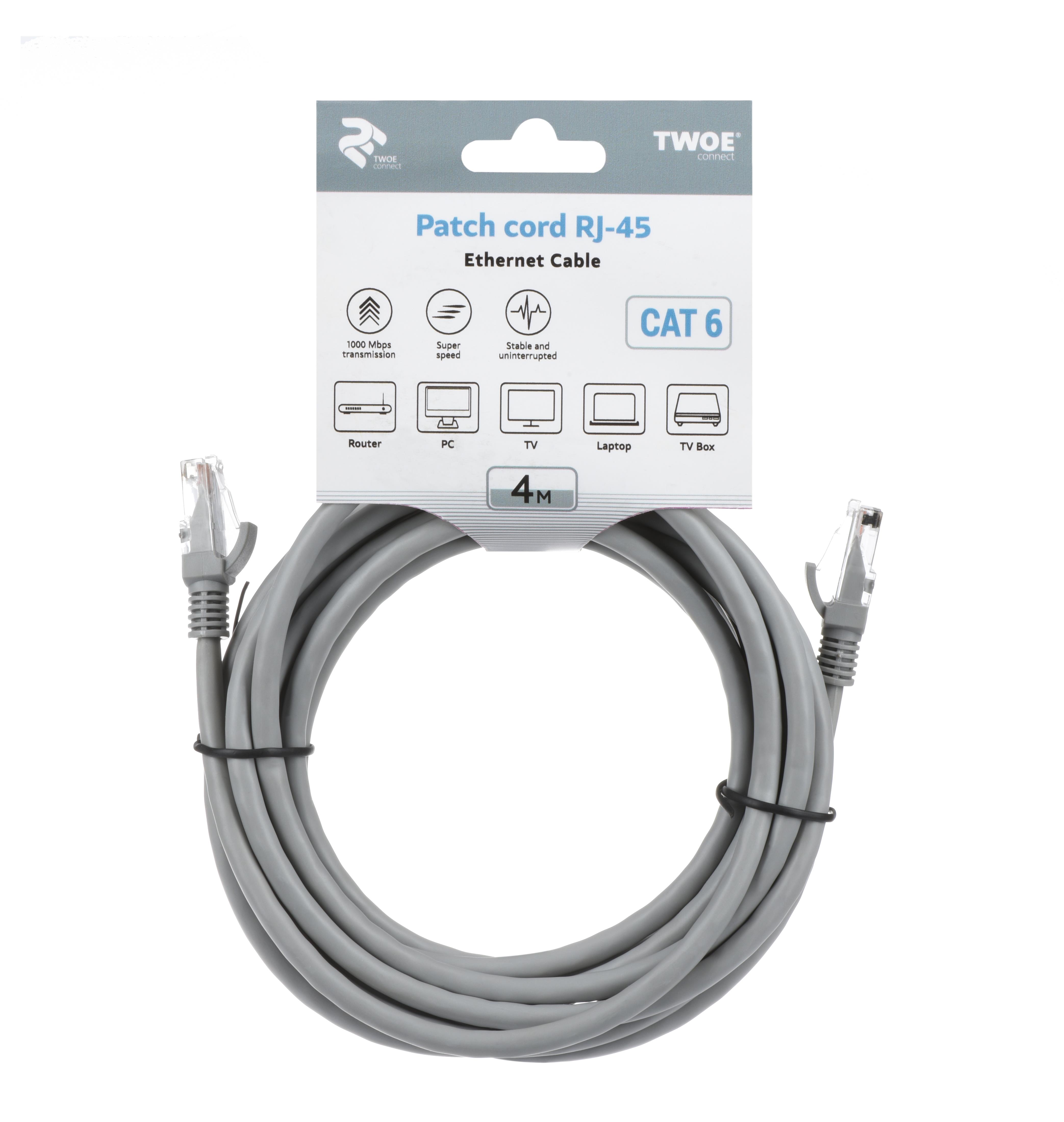 Патч-корд 2E Cat 6, RJ45, 24AWG, 4m, black