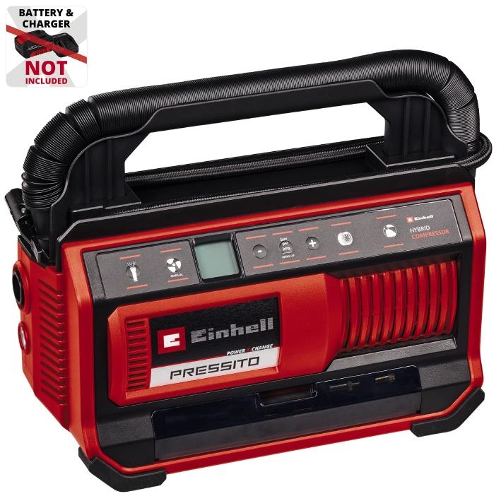 Компресор автомобільний гібридний Einhell PRESSITO 18/25 Hybrid, PXC, 230/18В, 11бар, 25л/хв, вис. і низьк. тиск, можливість всмоктування, шланг 710мм, 2.05кг, без АКБ та ЗП