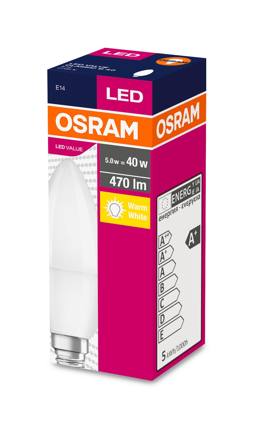 Лампа светодиодная OSRAM LED B40 свічка 5W 470Lm 2700K E14