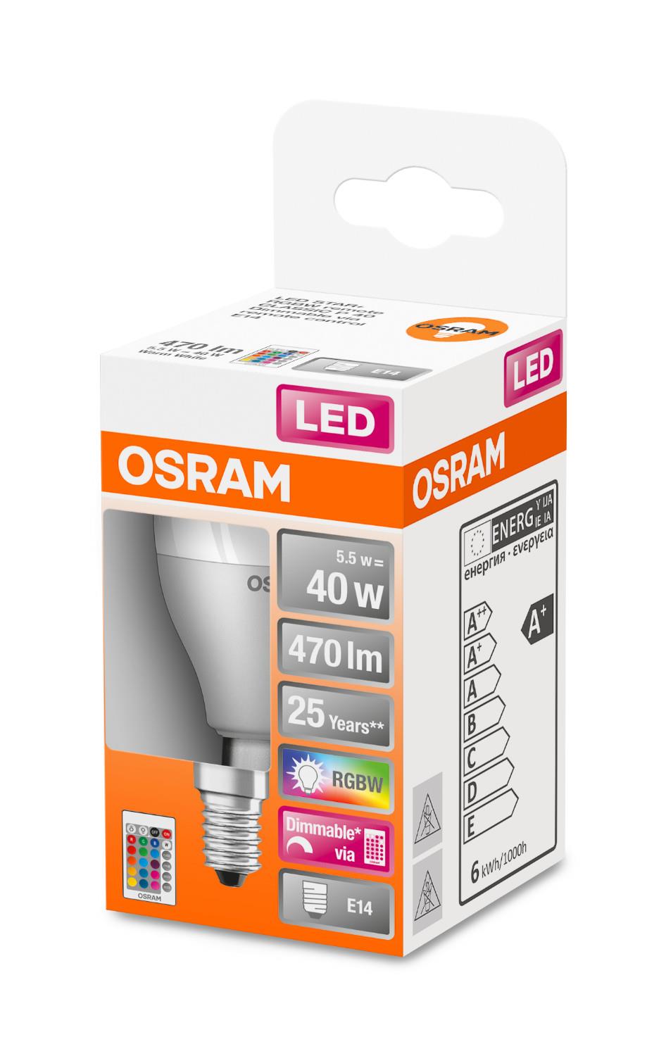 Лампа светодиодная OSRAM LED STAR Е14 5.5-40W 2700K+RGB 220V Р45 пульт ДУ