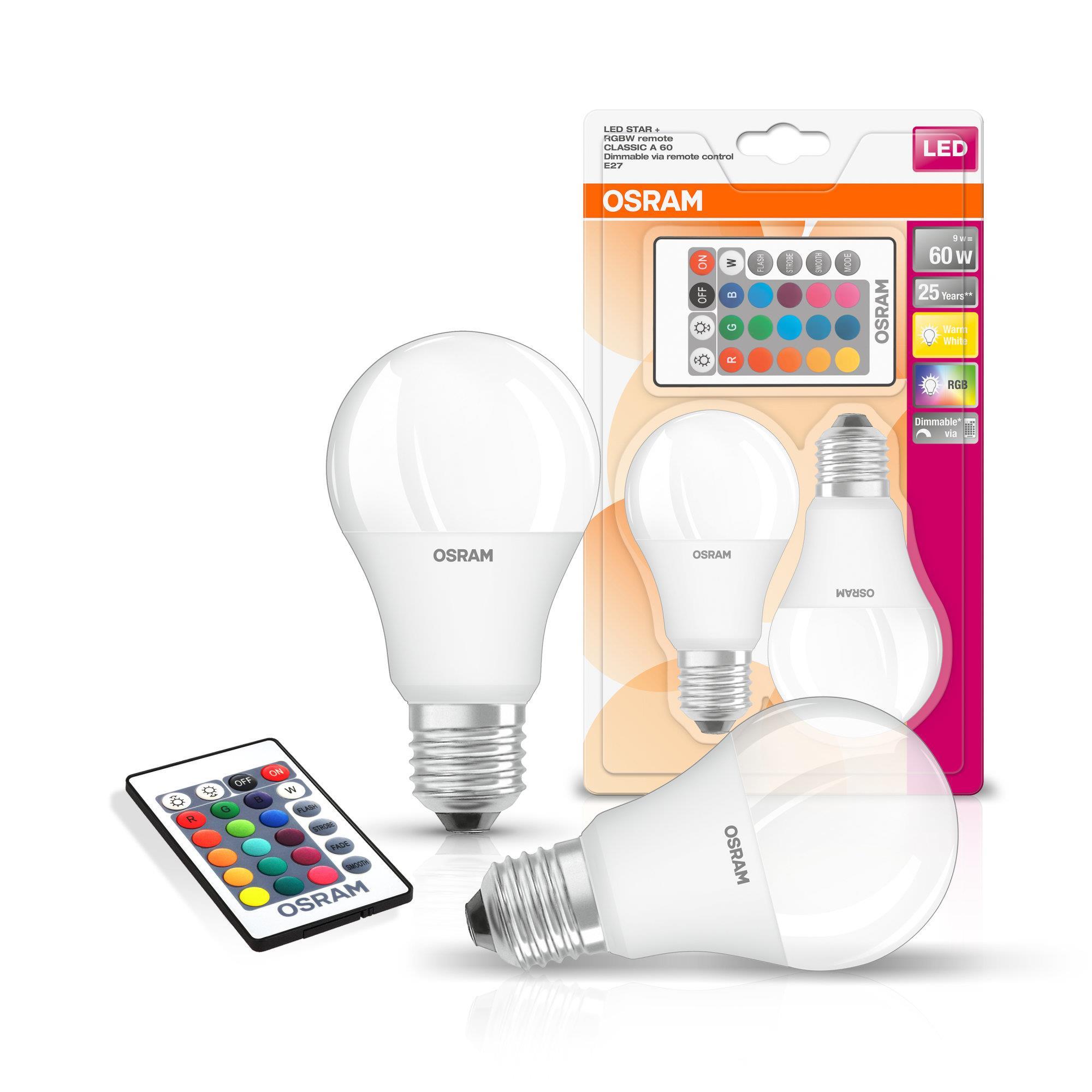 Лампа светодиодная OSRAM LED A60 9W 806Lm 2700К+RGB E27 пульт ДУ*2